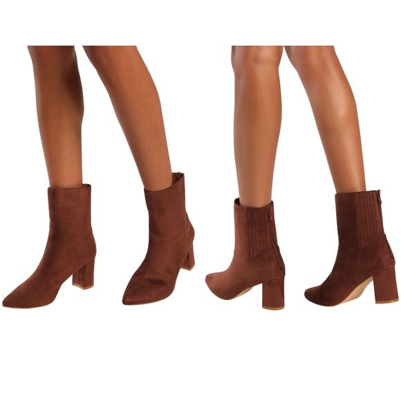 Lulus Walder Brown Suede Pointed Toe Block Heel Booties Size 6.5 Western Chic - Picture 1 of 12